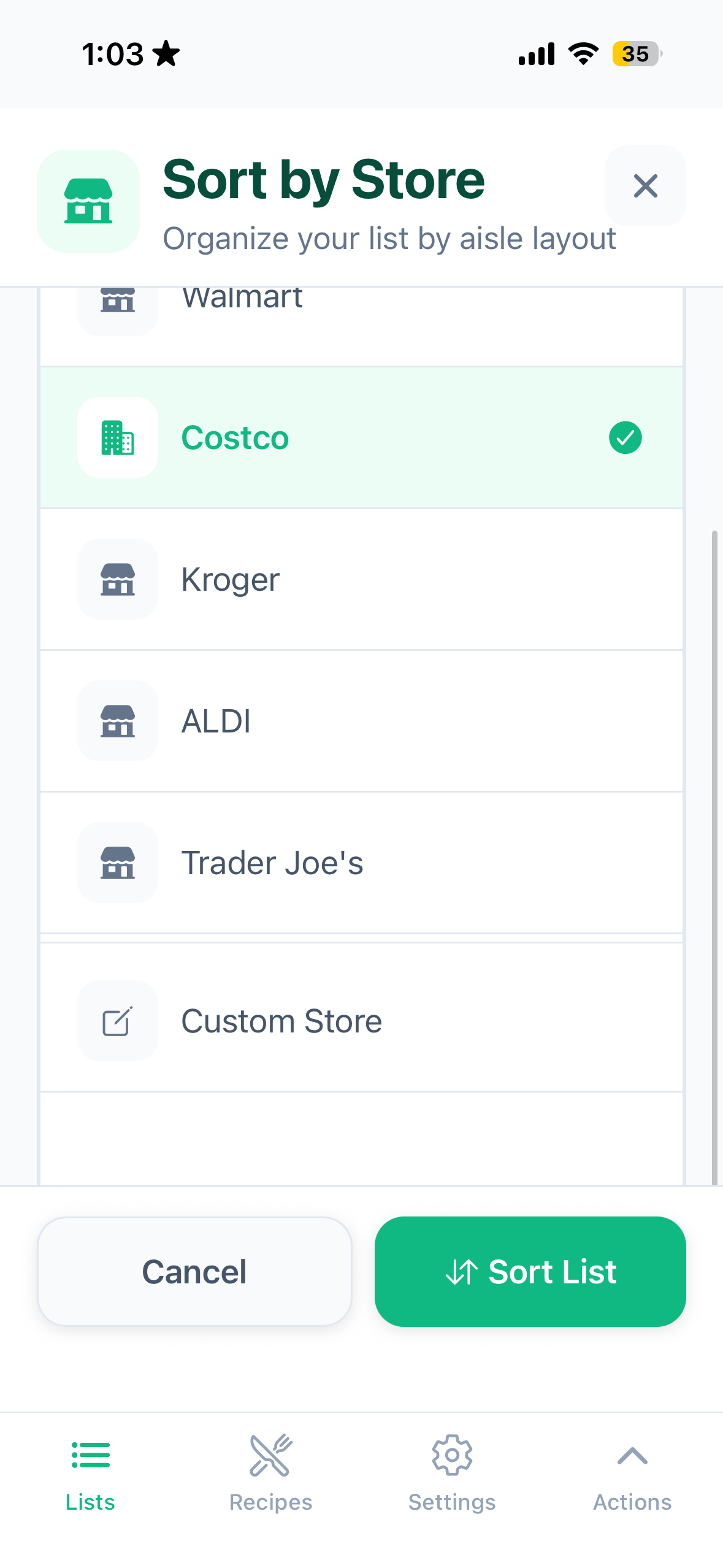 NoThinkList store layout sorting