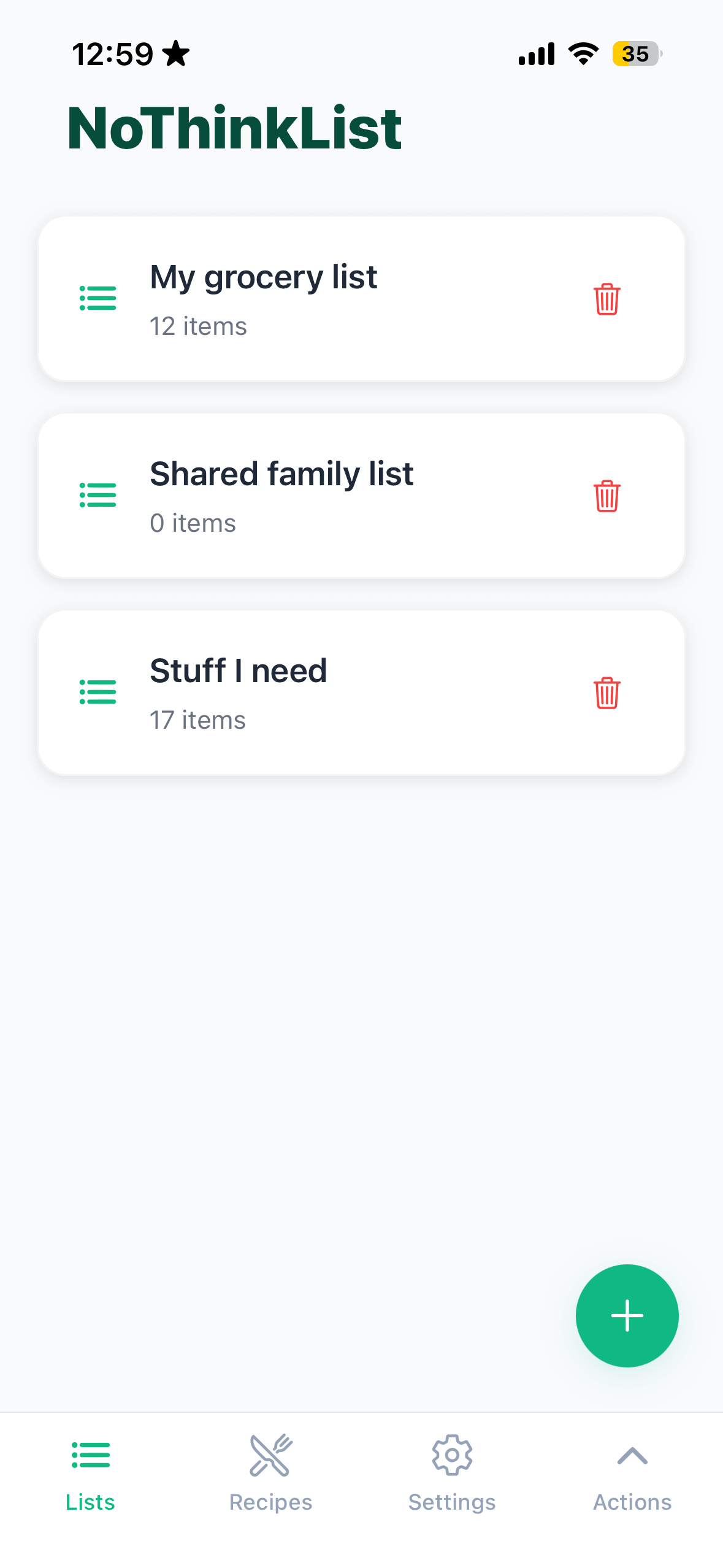 NoThinkList app showing weekly grocery list